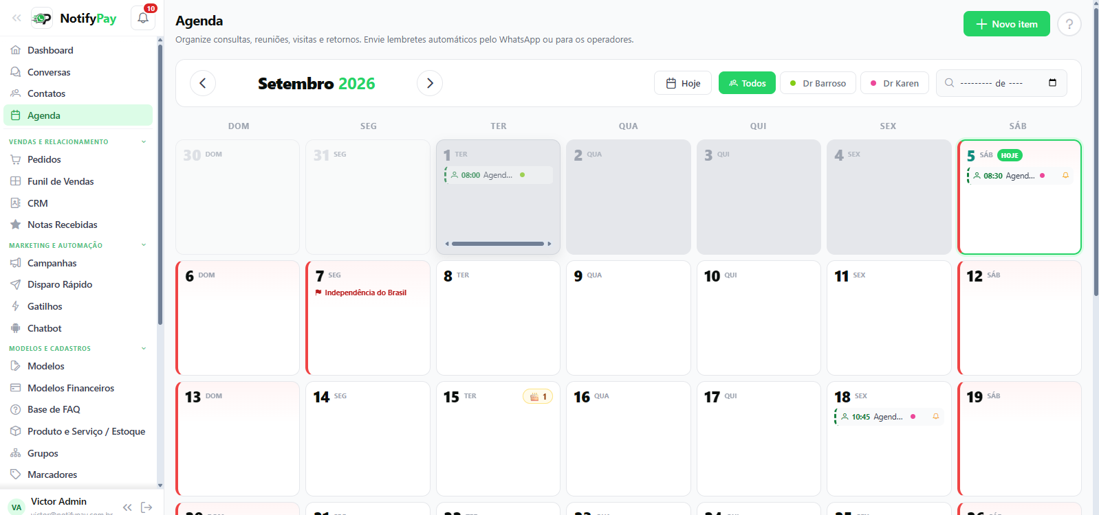 Tela de Agenda do NotifyPay, com múltiplos profissionais