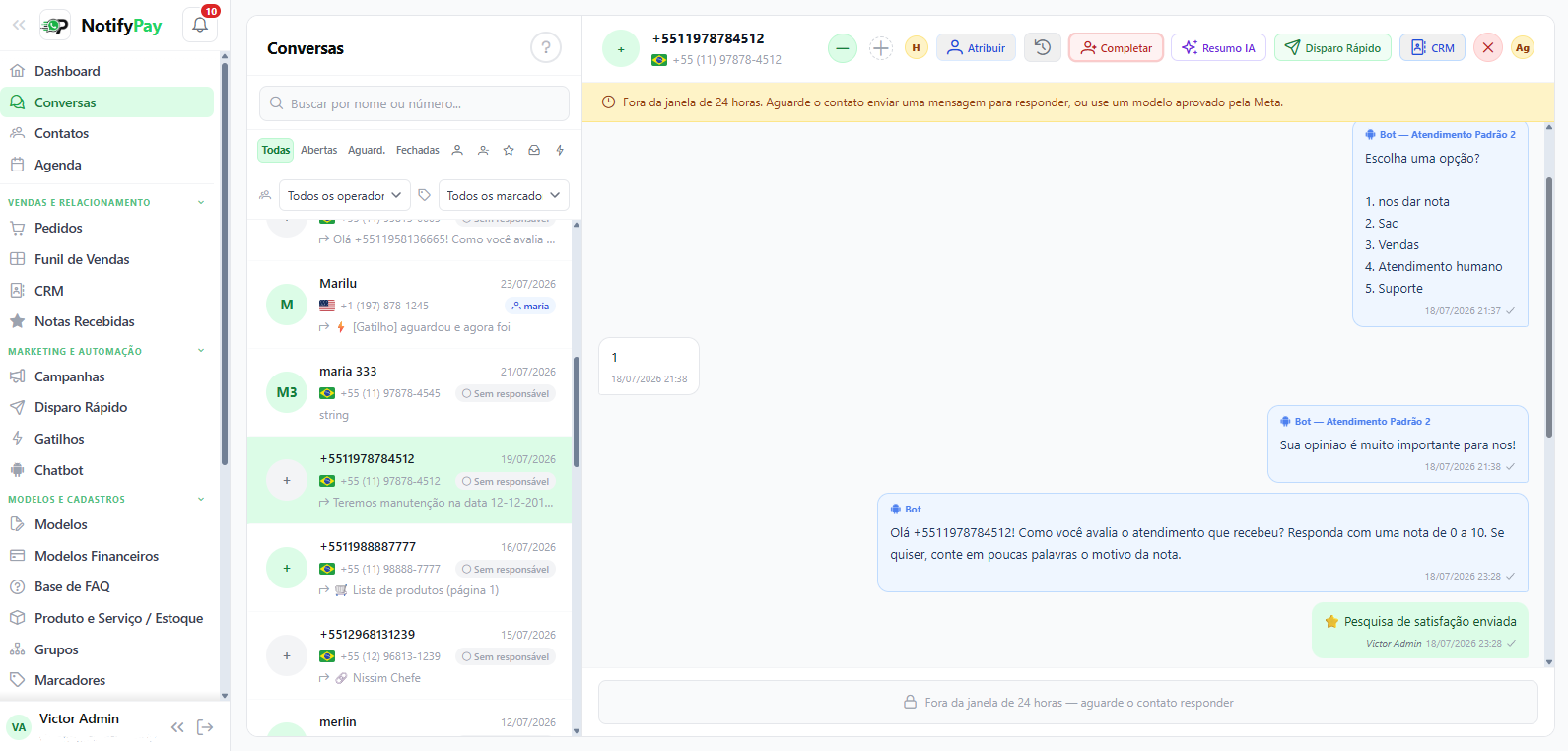 Tela de Conversas do NotifyPay, com inbox e histórico de mensagens
