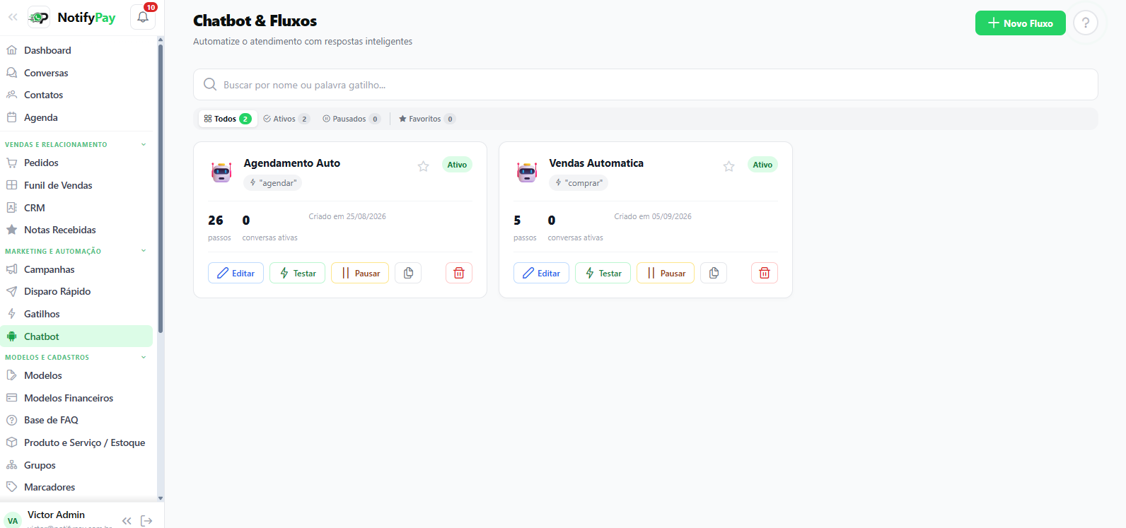 Tela de Chatbot e Fluxos do NotifyPay, com a lista de fluxos criados