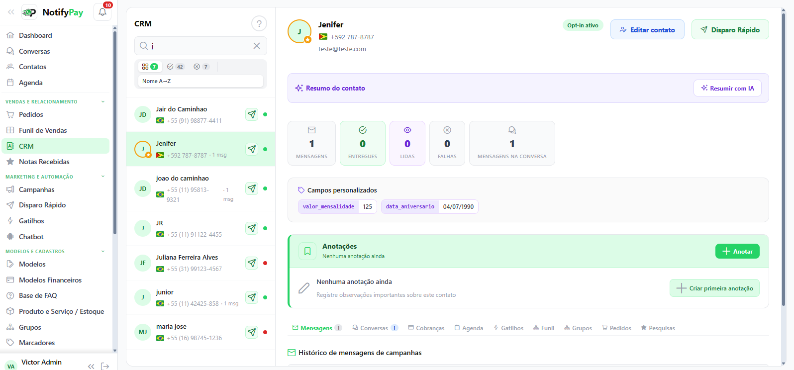 Tela de CRM do NotifyPay, mostrando a ficha 360º de um contato