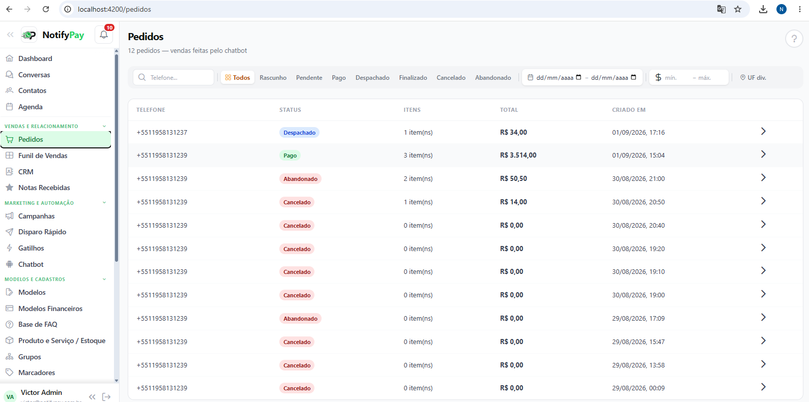 Tela de Pedidos do NotifyPay, com vendas feitas pelo chatbot
