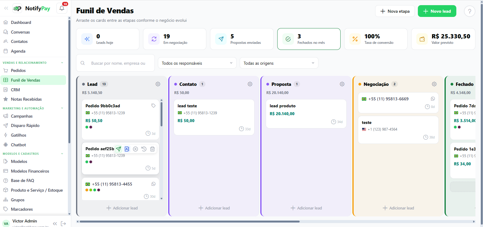 Tela de Funil de Vendas do NotifyPay, em formato Kanban