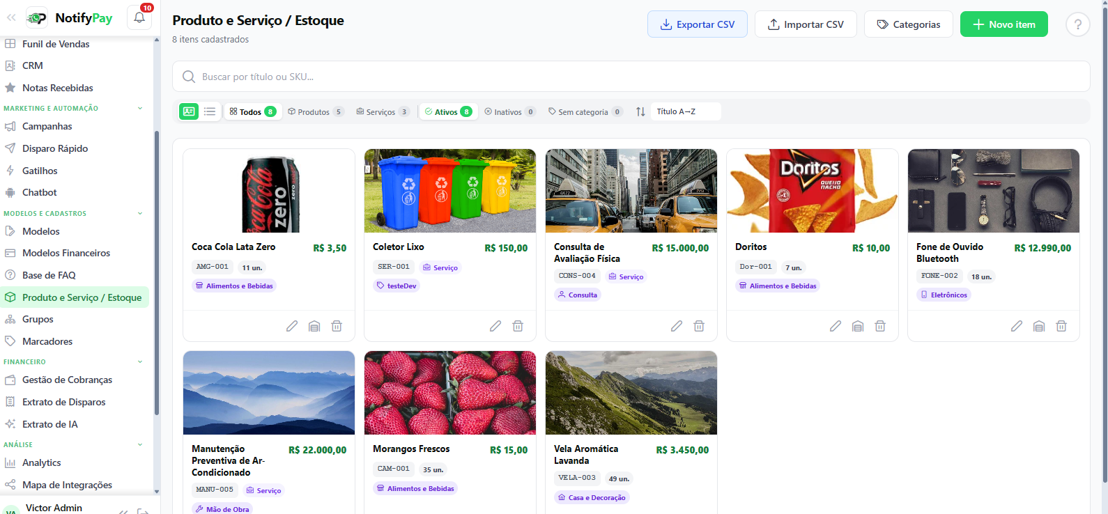 Tela de Produto e Serviço / Estoque do NotifyPay